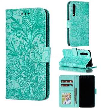 Intricate Embossing Lace Jasmine Flower Leather Wallet Case for Huawei P30 - Green