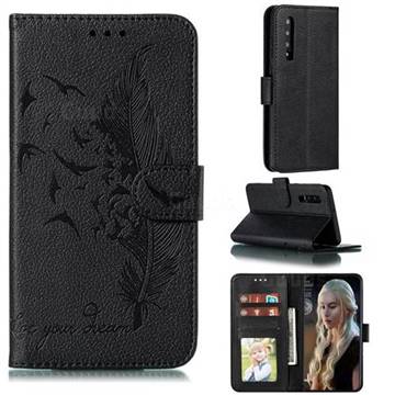 Intricate Embossing Lychee Feather Bird Leather Wallet Case for Huawei P30 - Black