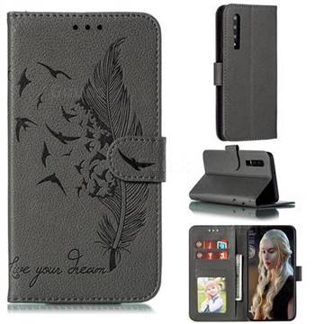 Intricate Embossing Lychee Feather Bird Leather Wallet Case for Huawei P30 - Gray