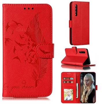 Intricate Embossing Lychee Feather Bird Leather Wallet Case for Huawei P30 - Red