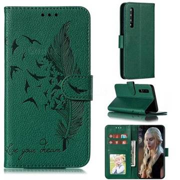 Intricate Embossing Lychee Feather Bird Leather Wallet Case for Huawei P30 - Green