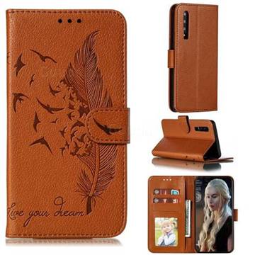 Intricate Embossing Lychee Feather Bird Leather Wallet Case for Huawei P30 - Brown
