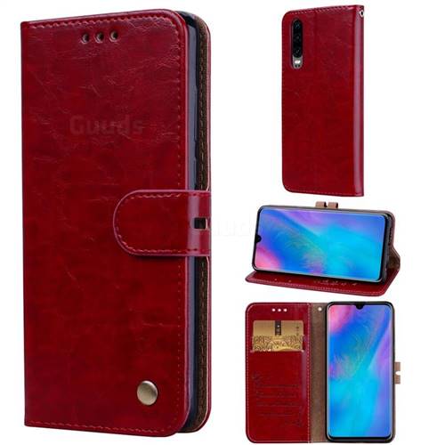 Luxury Retro Oil Wax PU Leather Wallet Phone Case for Huawei P30 - Brown Red