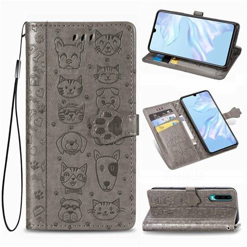 Embossing Dog Paw Kitten and Puppy Leather Wallet Case for Huawei P30 - Gray