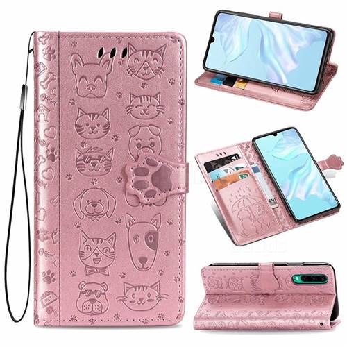 Embossing Dog Paw Kitten and Puppy Leather Wallet Case for Huawei P30 - Rose Gold