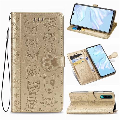 Embossing Dog Paw Kitten and Puppy Leather Wallet Case for Huawei P30 - Champagne Gold