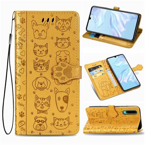 Embossing Dog Paw Kitten and Puppy Leather Wallet Case for Huawei P30 - Yellow