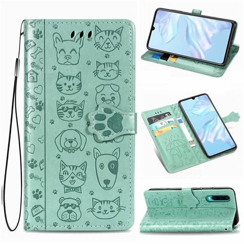 Embossing Dog Paw Kitten and Puppy Leather Wallet Case for Huawei P30 - Green
