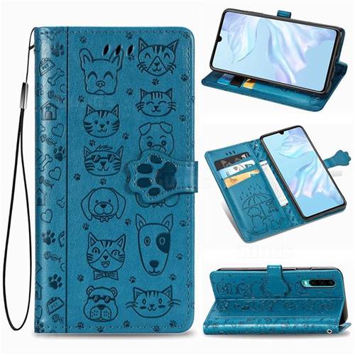 Embossing Dog Paw Kitten and Puppy Leather Wallet Case for Huawei P30 - Blue