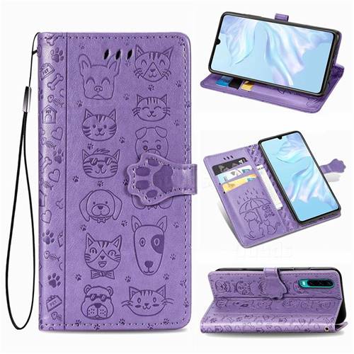 Embossing Dog Paw Kitten and Puppy Leather Wallet Case for Huawei P30 - Purple