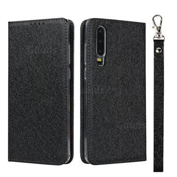 Ultra Slim Magnetic Automatic Suction Silk Lanyard Leather Flip Cover for Huawei P30 - Black