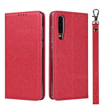 Ultra Slim Magnetic Automatic Suction Silk Lanyard Leather Flip Cover for Huawei P30 - Red