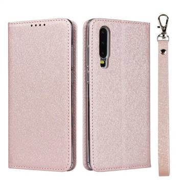 Ultra Slim Magnetic Automatic Suction Silk Lanyard Leather Flip Cover for Huawei P30 - Rose Gold