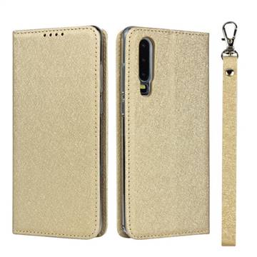 Ultra Slim Magnetic Automatic Suction Silk Lanyard Leather Flip Cover for Huawei P30 - Golden