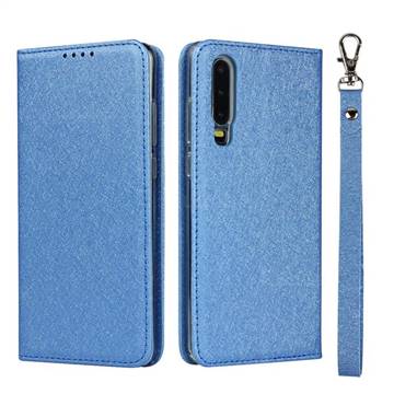 Ultra Slim Magnetic Automatic Suction Silk Lanyard Leather Flip Cover for Huawei P30 - Sky Blue