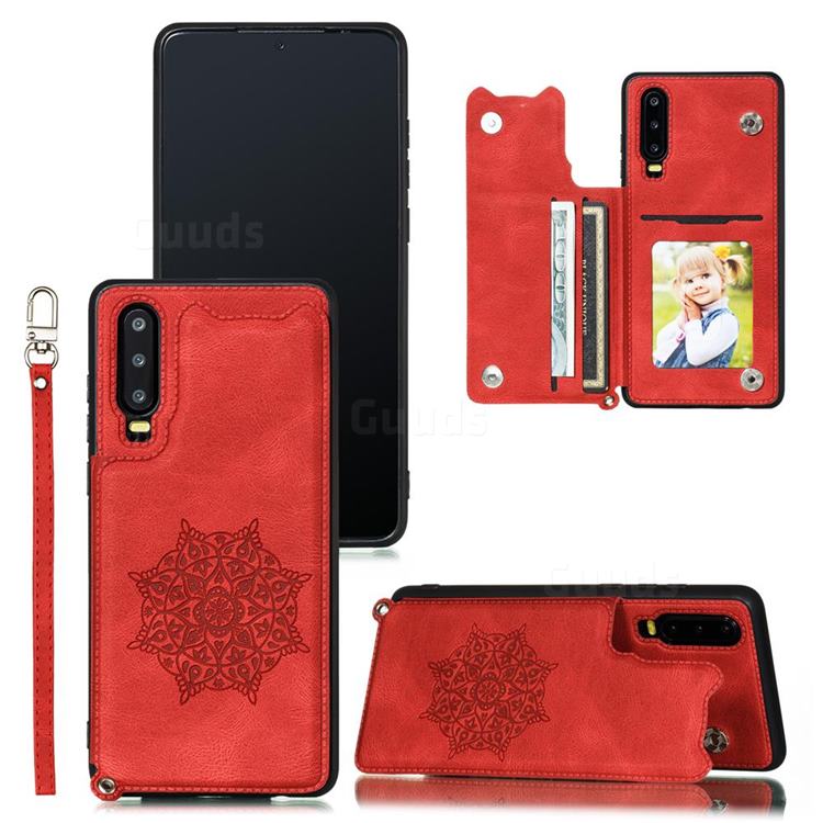 Luxury Mandala Multi-function Magnetic Card Slots Stand Leather Back Cover for Huawei P30 - Red