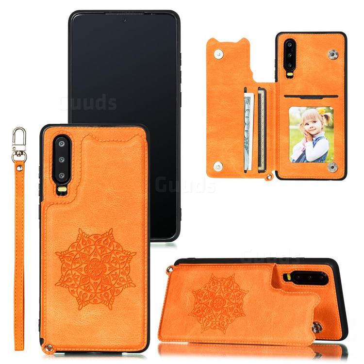 Luxury Mandala Multi-function Magnetic Card Slots Stand Leather Back Cover for Huawei P30 - Yellow