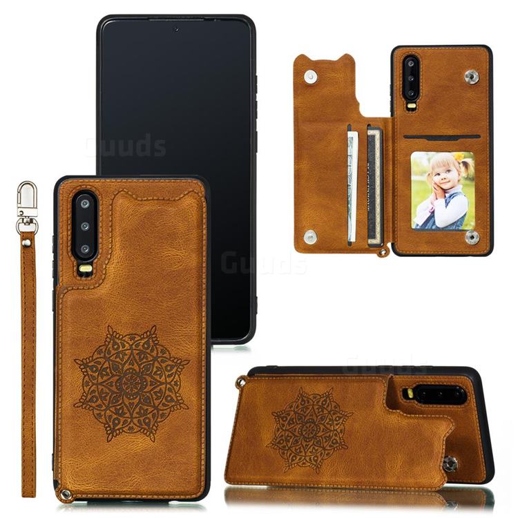 Luxury Mandala Multi-function Magnetic Card Slots Stand Leather Back Cover for Huawei P30 - Brown