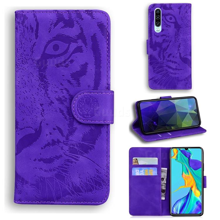Intricate Embossing Tiger Face Leather Wallet Case for Huawei P30 - Purple