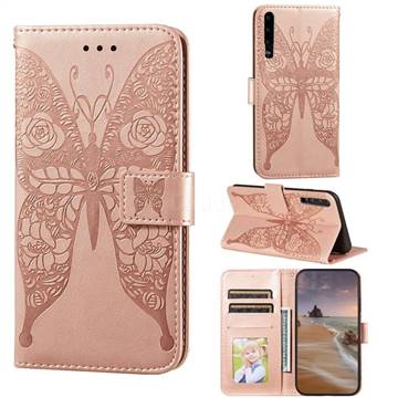 Intricate Embossing Rose Flower Butterfly Leather Wallet Case for Huawei P30 - Rose Gold