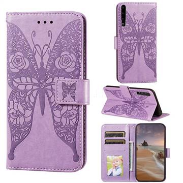 Intricate Embossing Rose Flower Butterfly Leather Wallet Case for Huawei P30 - Purple