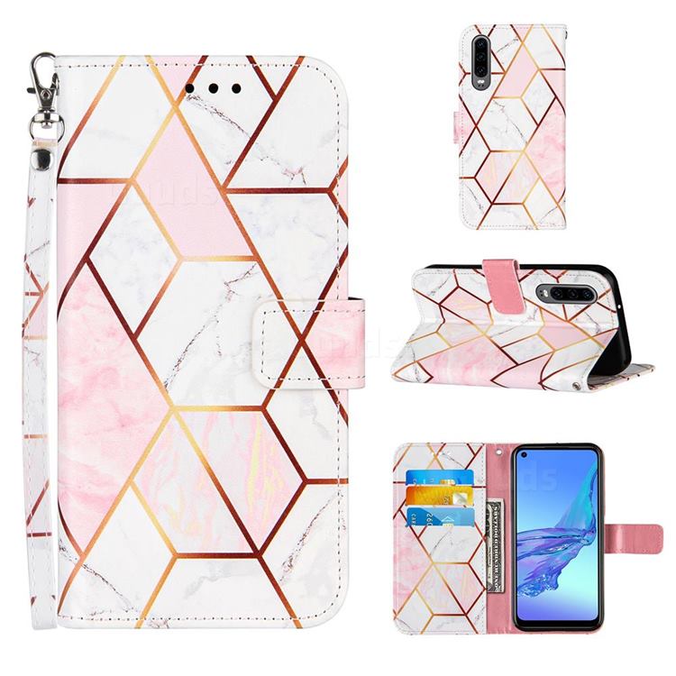 Pink White Stitching Color Marble Leather Wallet Case for Huawei P30
