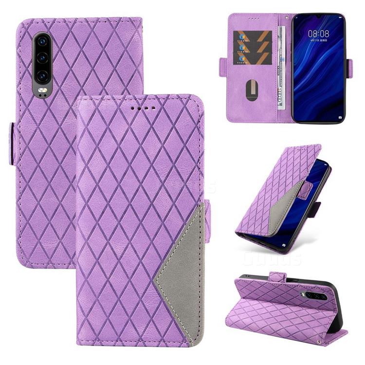 Grid Pattern Splicing Protective Wallet Case Cover for Huawei P30 - Purple