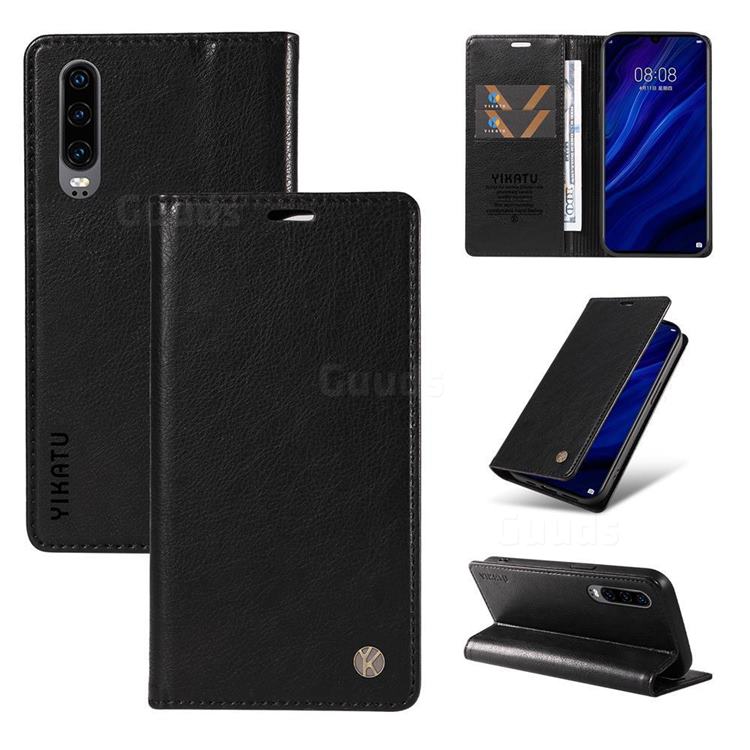 YIKATU Litchi Card Magnetic Automatic Suction Leather Flip Cover for Huawei P30 - Black