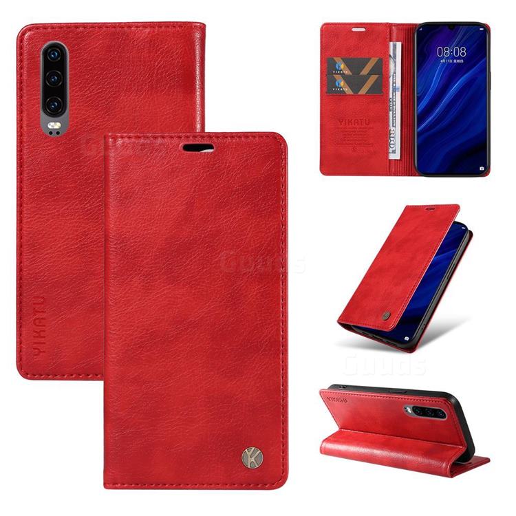 YIKATU Litchi Card Magnetic Automatic Suction Leather Flip Cover for Huawei P30 - Bright Red