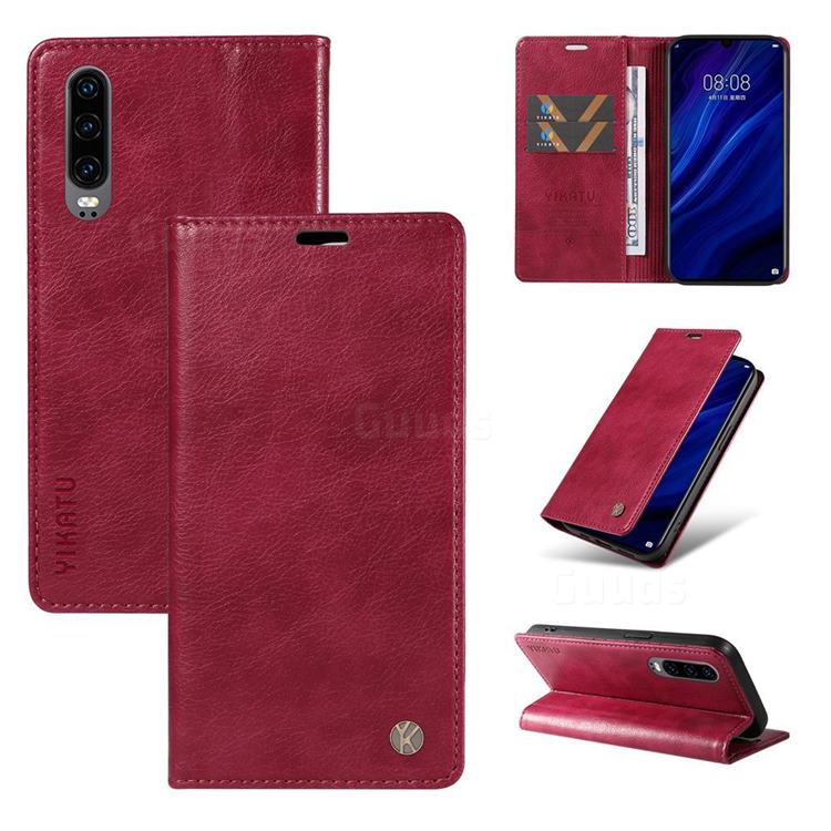 YIKATU Litchi Card Magnetic Automatic Suction Leather Flip Cover for Huawei P30 - Wine Red
