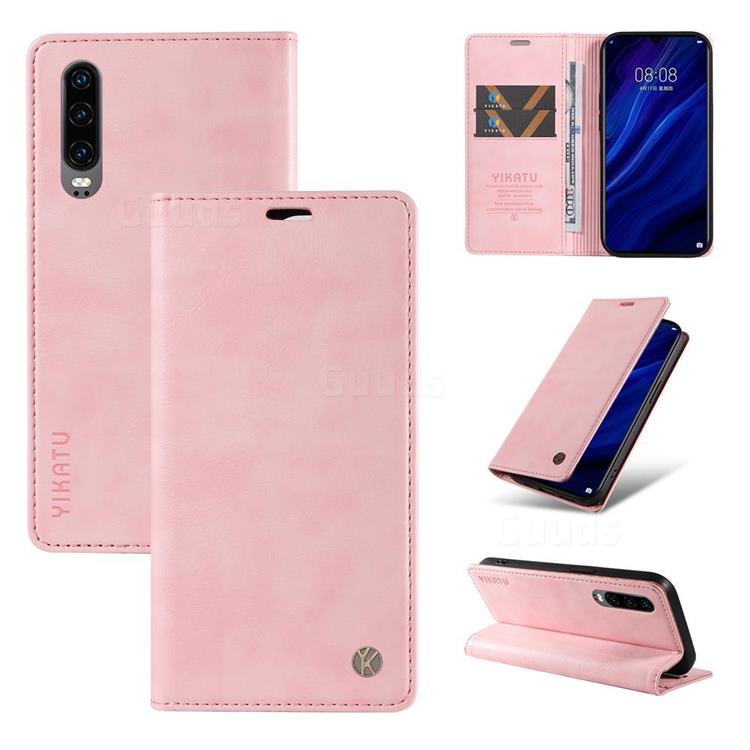 YIKATU Litchi Card Magnetic Automatic Suction Leather Flip Cover for Huawei P30 - Pink