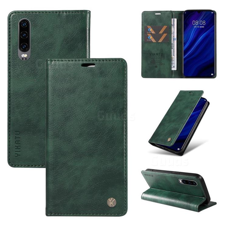 YIKATU Litchi Card Magnetic Automatic Suction Leather Flip Cover for Huawei P30 - Green