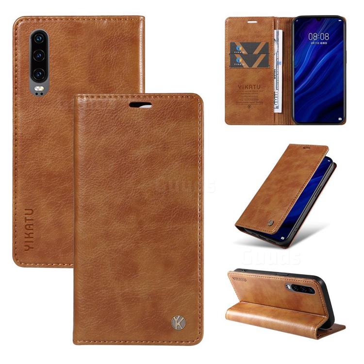 YIKATU Litchi Card Magnetic Automatic Suction Leather Flip Cover for Huawei P30 - Brown