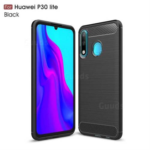 Luxury Carbon Fiber Brushed Wire Drawing Silicone TPU Back Cover for Huawei P30 Lite - Black