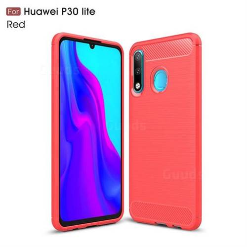Luxury Carbon Fiber Brushed Wire Drawing Silicone TPU Back Cover for Huawei P30 Lite - Red