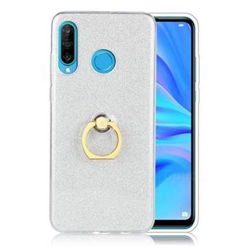 Luxury Soft TPU Glitter Back Ring Cover with 360 Rotate Finger Holder Buckle for Huawei P30 Lite - White