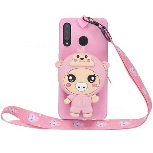 Pink Pig Neck Lanyard Zipper Wallet Silicone Case for Huawei P30 Lite