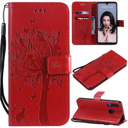 Embossing Butterfly Tree Leather Wallet Case for Huawei P30 Lite - Red