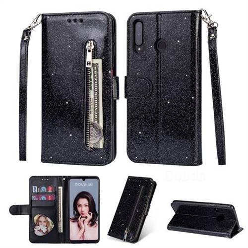 Glitter Shine Leather Zipper Wallet Phone Case for Huawei P30 Lite - Black