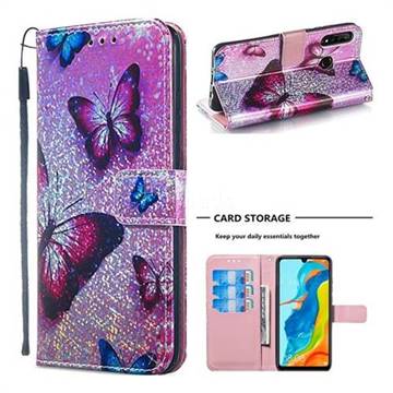 Blue Butterfly Sequins Painted Leather Wallet Case for Huawei P30 Lite