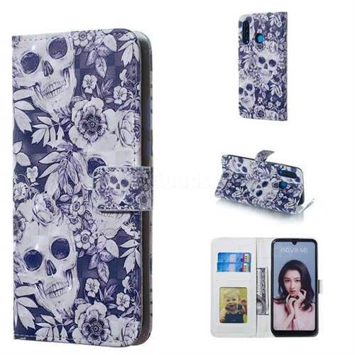 Skull Flower 3D Painted Leather Phone Wallet Case for Huawei P30 Lite