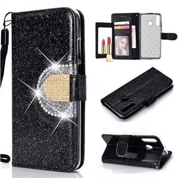 Glitter Diamond Buckle Splice Mirror Leather Wallet Phone Case for Huawei P30 Lite - Black
