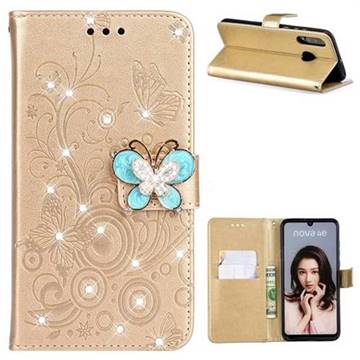 Embossing Butterfly Circle Rhinestone Leather Wallet Case for Huawei P30 Lite - Champagne