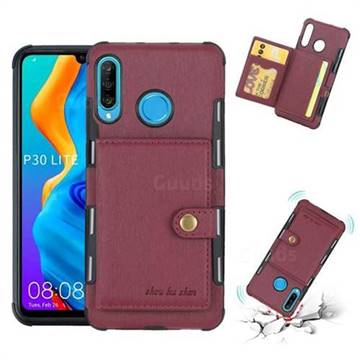 Brush Multi-function Leather Phone Case for Huawei P30 Lite - Wine Red