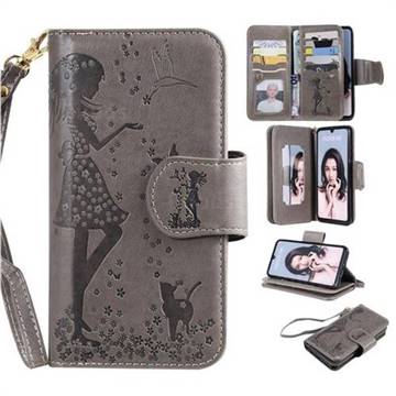 Embossing Cat Girl 9 Card Leather Wallet Case for Huawei P30 Lite - Gray
