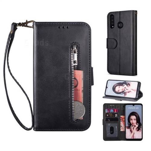 Retro Calfskin Zipper Leather Wallet Case Cover for Huawei P30 Lite - Black