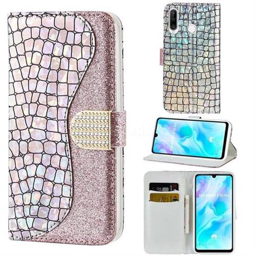 Glitter Diamond Buckle Laser Stitching Leather Wallet Phone Case for Huawei P30 Lite - Pink