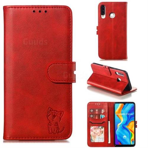 Embossing Happy Cat Leather Wallet Case for Huawei P30 Lite - Red