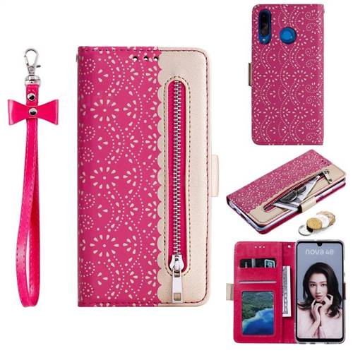 Luxury Lace Zipper Stitching Leather Phone Wallet Case for Huawei P30 Lite - Rose