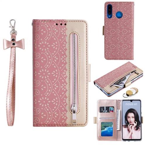 Luxury Lace Zipper Stitching Leather Phone Wallet Case for Huawei P30 Lite - Pink